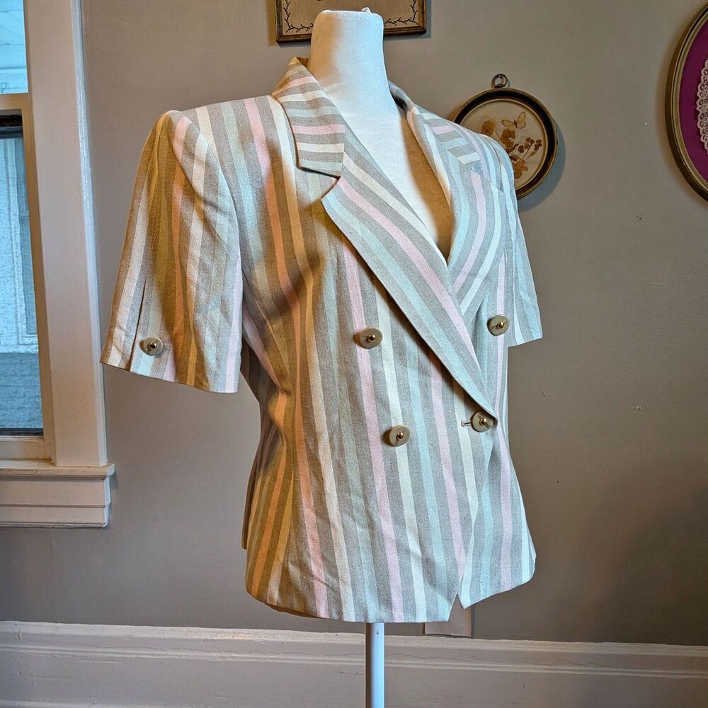 Vintage 90s Kasper Striped Blazer Pastel Linen Double Breasted Light Academia 6P - Picture 10 of 13